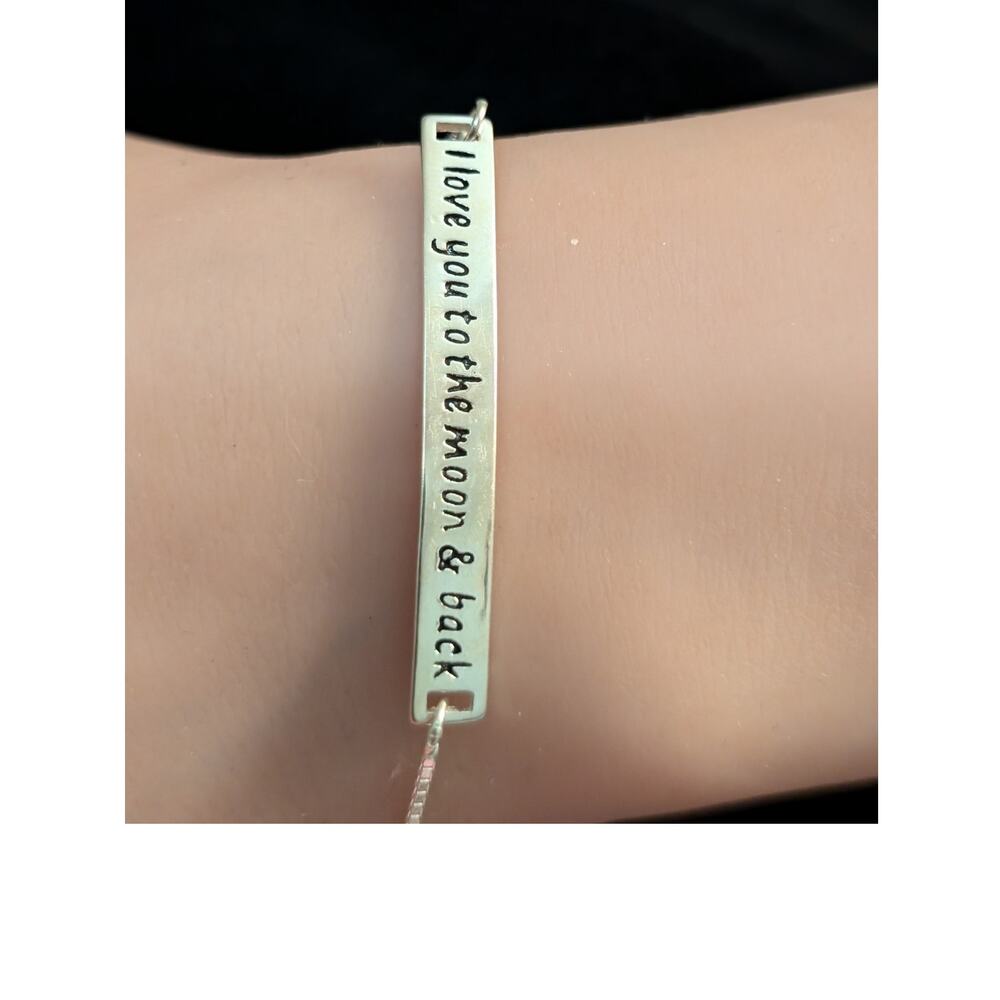 925 Sterling Silver I Love You To The Moon And Back Bar Adjustable Pull Bracelet